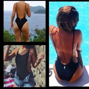 Sunny Co Black One Piece Low Scoop Back Swimsuit Sz M Swim Beach